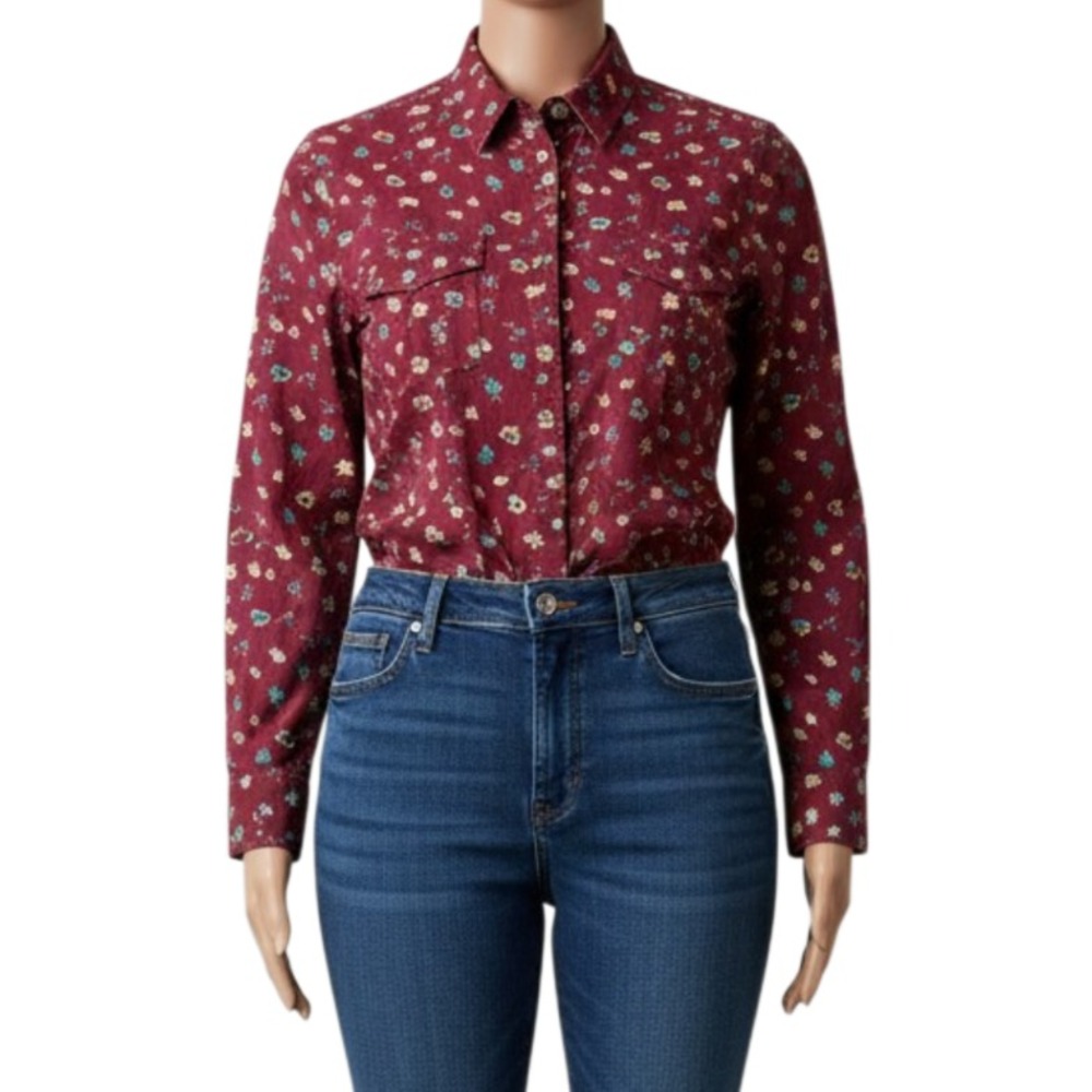 Sonoma Womens 3X Button Down Shirt Burgundy Ditsy Floral Cotton Cottagecore EUC